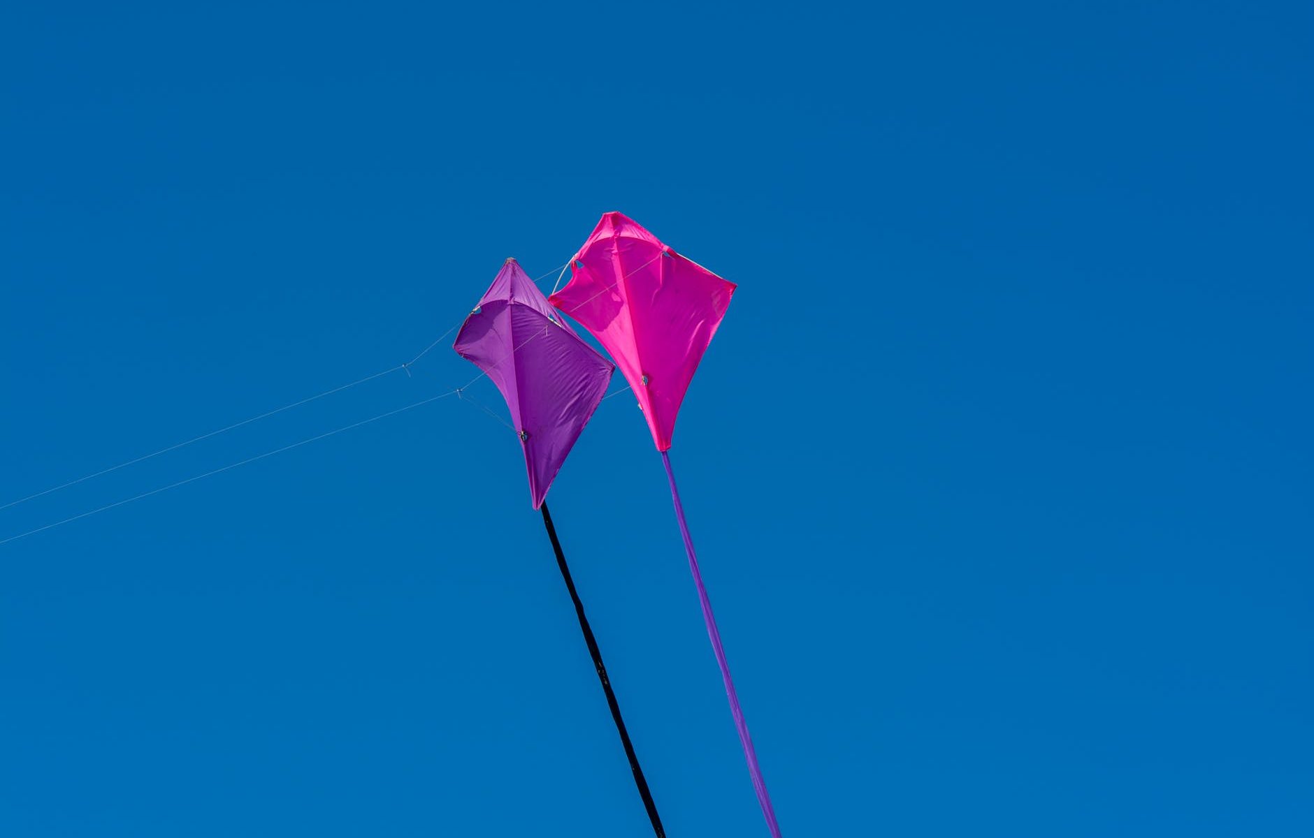 pink and purple kites on the background of clear blue sky